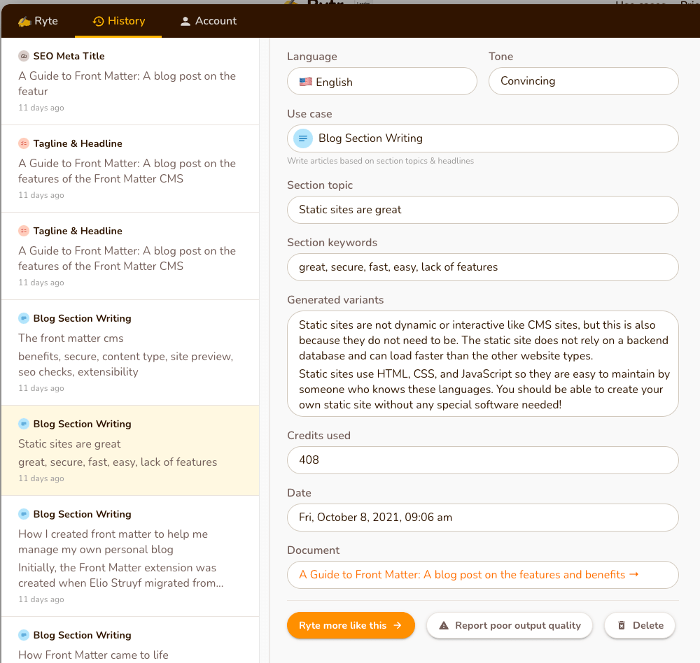Using Rytr for section content