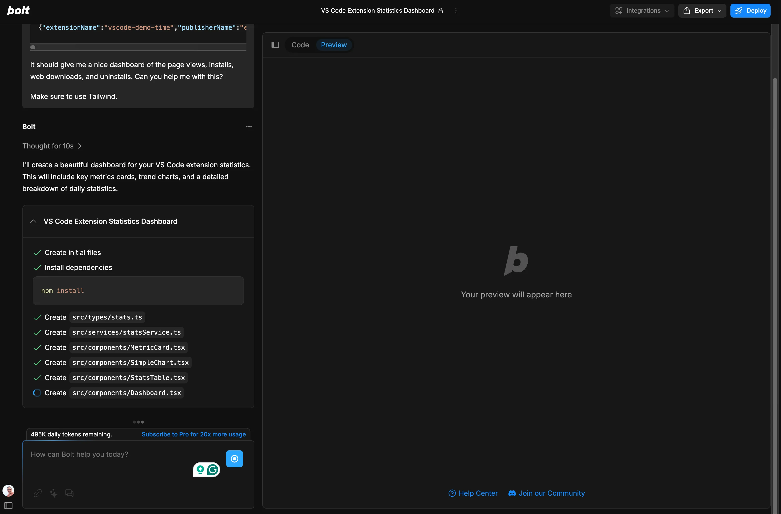 Bolt.new UI experience